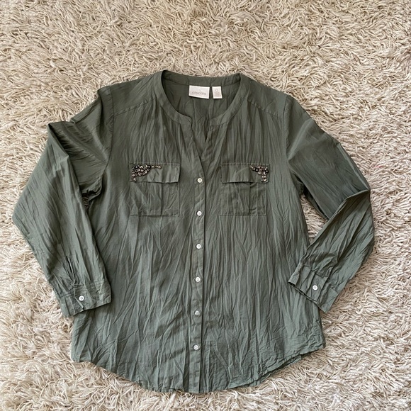 Chicos Size 0( XS)Womens Top Green Silk/Cotton Blend Studded Pockets Long Sleeve - Picture 13 of 14